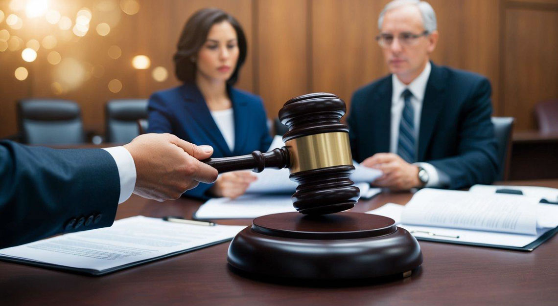 A gavel striking a desk in a courtroom, with a judge and a lawyer discussing legal documents